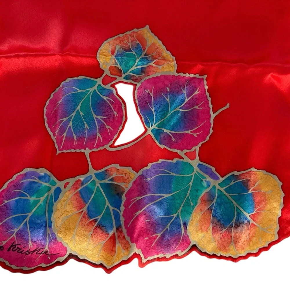 Kriska hand painted silk scarf. Red with multicolored leaves and cutouts. NWOT